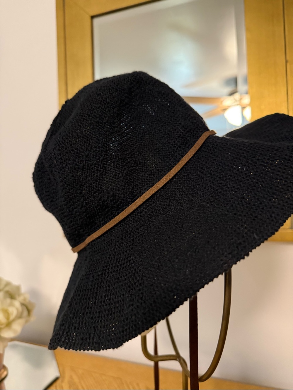 Black Wide-Brim Sun Hat with Brown Trim
